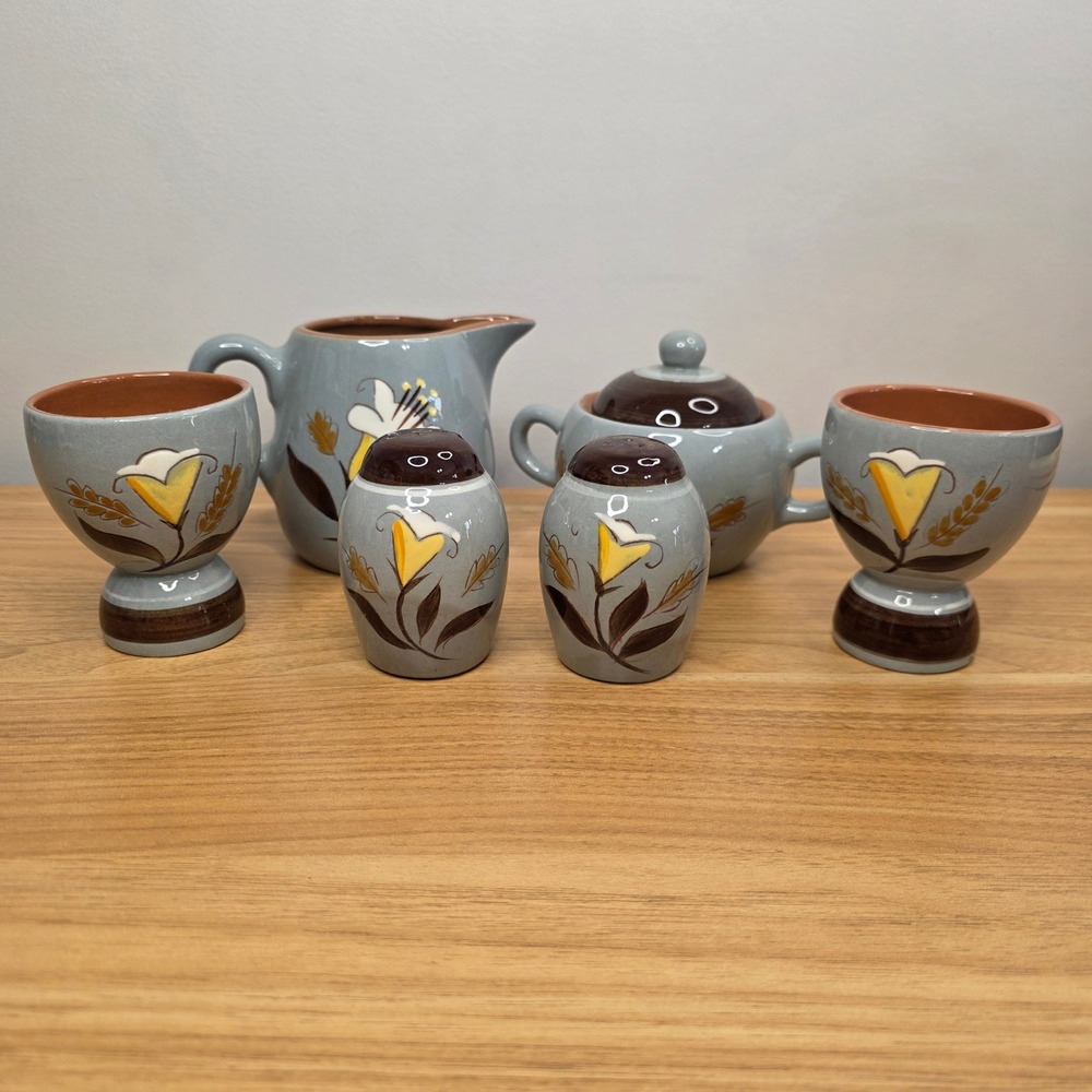 Vtg Stangl Pottery Golden Harvest 7pc Set Creamer/Sugar, Double Egg, Salt/Pepper